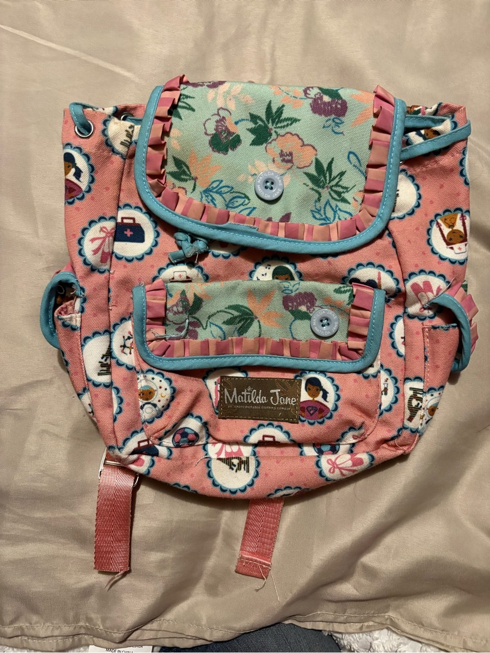 Matilda Jane Pink Backpack with Aqua Floral Flap